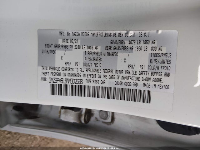 Продажа на аукционе авто 2022 Mazda Mazda3 Select, vin: 3MZBPABL8NM302638, номер лота: 44910234