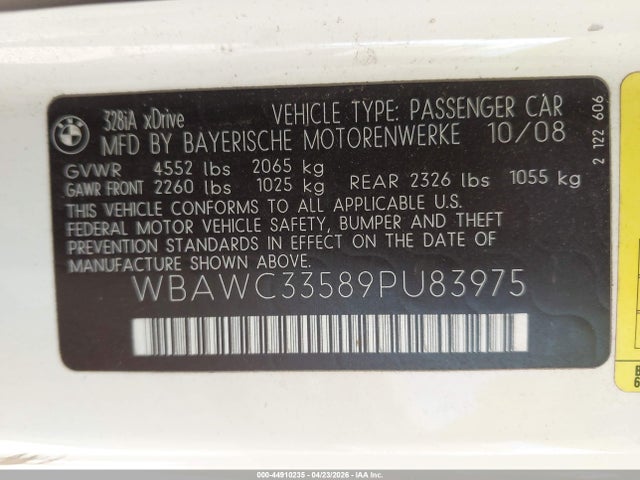 Продаж на аукціоні авто 2009 Bmw 328i Xdrive, vin: WBAWC33589PU83975, номер лоту: 44910235