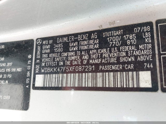 Продажа на аукционе авто 1999 Mercedes-benz Slk 230 Kompressor, vin: WDBKK47F5XF087291, номер лота: 44910238
