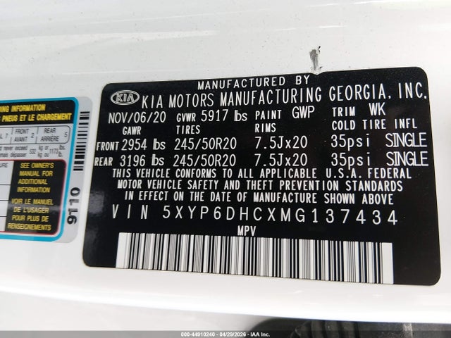 2021 Kia Telluride S მანქანა იყიდება აუქციონზე, vin: 5XYP6DHCXMG137434, აუქციონის ნომერი: 44910240