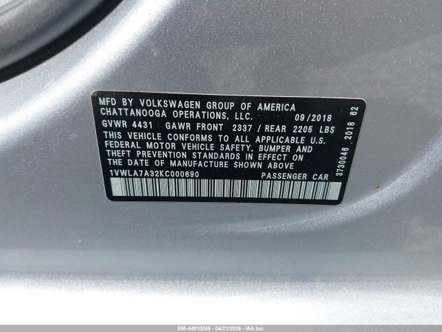 Продажа на аукционе авто 2019 Volkswagen Passat 2.0t Wolfsburg Edition, vin: 1VWLA7A32KC000690, номер лота: 44910245