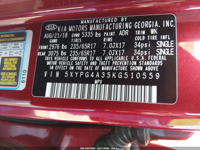 44910250 :رقم المزاد ، 5XYPG4A35KG510559 vin ، 2019 Kia Sorento 2.4l Lx مزاد بيع