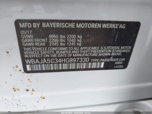2017 Bmw 530i მანქანა იყიდება აუქციონზე, vin: WBAJA5C34HG897330, აუქციონის ნომერი: 44910252