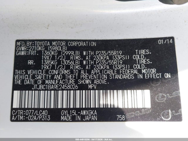 Aukcja sprzedaży 2014 Lexus Rx 450h, vin: JTJBC1BA9E2458026, numer aukcji: 44910256