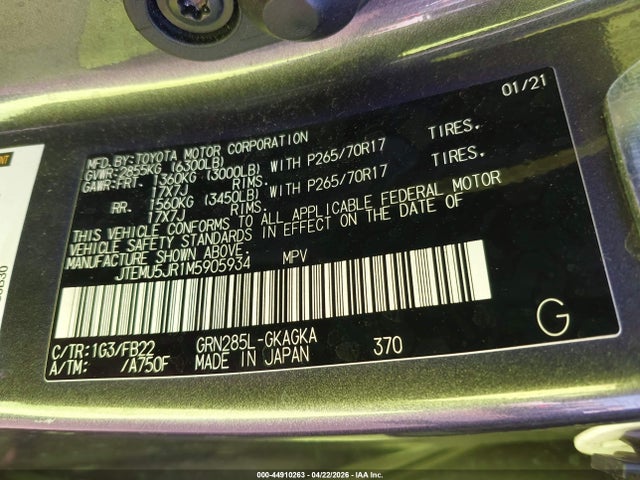 Продаж на аукціоні авто 2021 Toyota 4runner Sr5, vin: JTEMU5JR1M5905934, номер лоту: 44910263