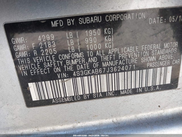 2018 Subaru Impreza 2.0i Premium მანქანა იყიდება აუქციონზე, vin: 4S3GKAB67J3624071, აუქციონის ნომერი: 44910266