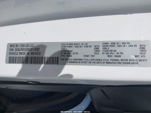 Aukcja sprzedaży 2025 Ram Promaster 2500 Tradesman High Roof 136 Wb W/pass Seat, vin: 3C6LRVCG8SE511692, numer aukcji: 44910272