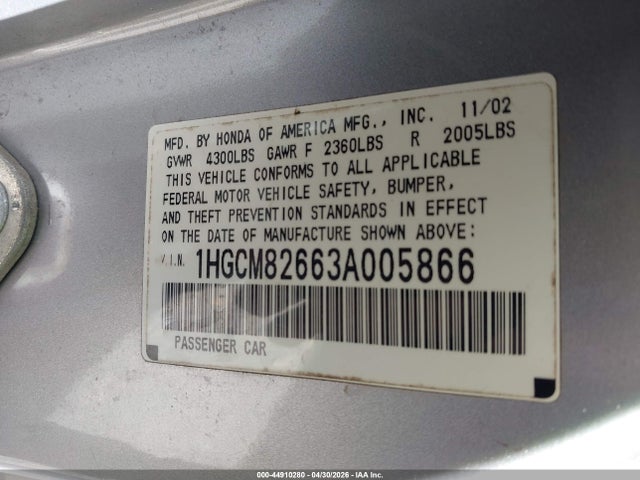 44910280 :رقم المزاد ، 1HGCM82663A005866 vin ، 2003 Honda Accord 3.0 Ex مزاد بيع