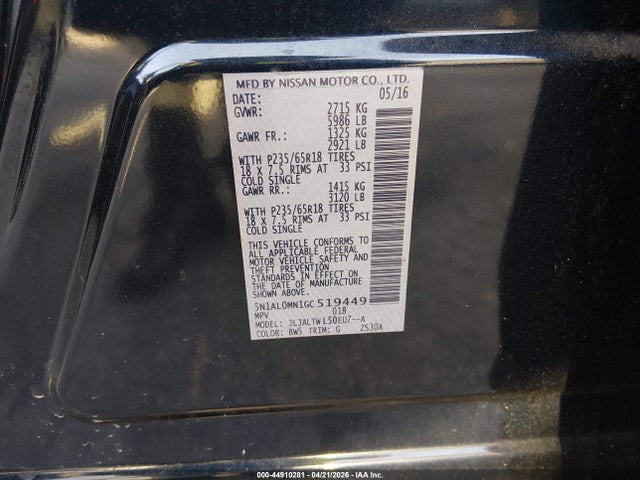 Aukcja sprzedaży 2016 Infiniti Qx60, vin: 5N1AL0MN1GC519449, numer aukcji: 44910281