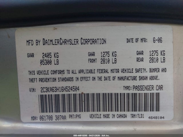 Aukcja sprzedaży 2006 Chrysler 300c, vin: 2C3KA63H16H524504, numer aukcji: 44910285