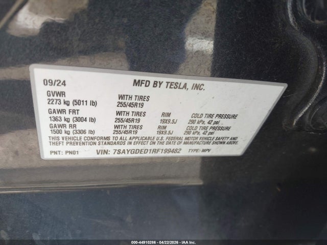 Aukcja sprzedaży 2024 Tesla Model Y Long Range Single Motor Rear-wheel Drive/rwd, vin: 7SAYGDED1RF199482, numer aukcji: 44910286