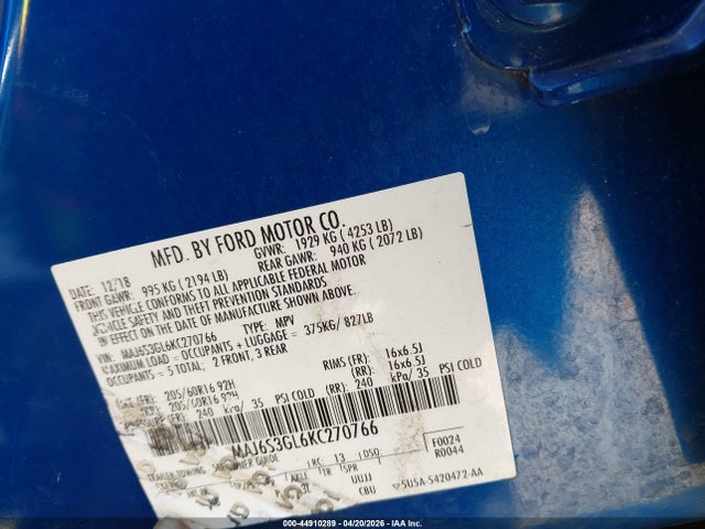 Aukcja sprzedaży 2019 Ford Ecosport Se, vin: MAJ6S3GL6KC270766, numer aukcji: 44910289