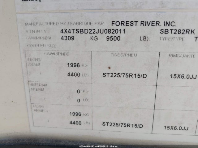 44910293 :رقم المزاد ، 4X4TSBD22JU082011 vin ، 2018 Forest River Hemisphere مزاد بيع