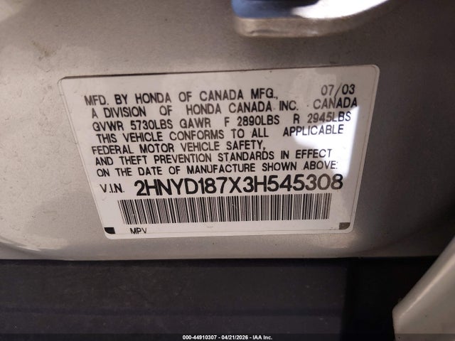 2003 Acura Mdx მანქანა იყიდება აუქციონზე, vin: 2HNYD187X3H545308, აუქციონის ნომერი: 44910307