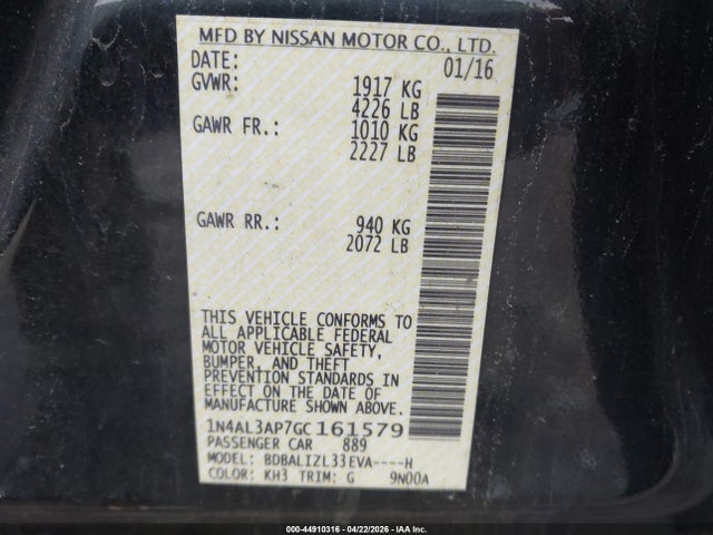 2016 Nissan Altima 2.5 Sv მანქანა იყიდება აუქციონზე, vin: 1N4AL3AP7GC161579, აუქციონის ნომერი: 44910316