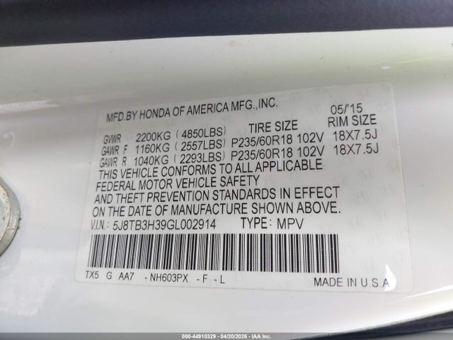 Продаж на аукціоні авто 2016 Acura Rdx Acurawatch Plus Pkg, vin: 5J8TB3H39GL002914, номер лоту: 44910329