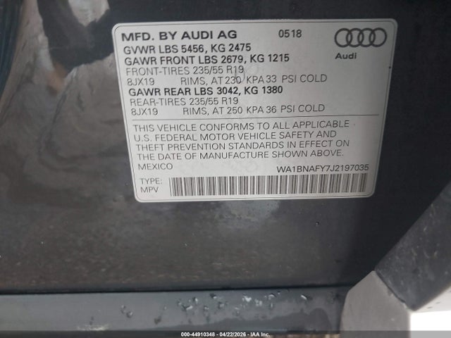 Aukcja sprzedaży 2018 Audi Q5, vin: WA1BNAFY7J2197035, numer aukcji: 44910348