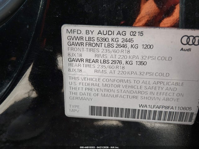 2015 Audi Q5 2.0t Premium მანქანა იყიდება აუქციონზე, vin: WA1LFAFP8FA110605, აუქციონის ნომერი: 44910353