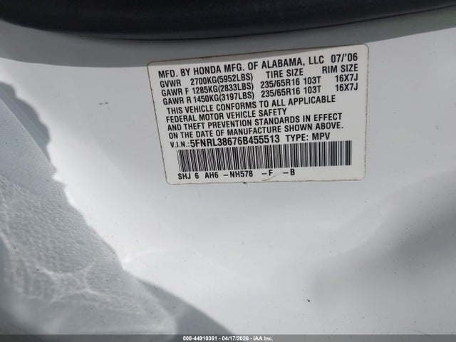 44910361 :رقم المزاد ، 5FNRL38676B455513 vin ، 2006 Honda Odyssey Ex-l مزاد بيع