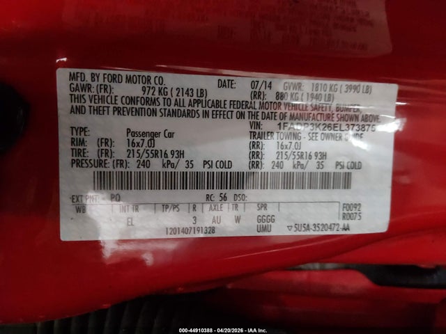 44910388 :رقم المزاد ، 1FADP3K26EL373875 vin ، 2014 Ford Focus Se مزاد بيع