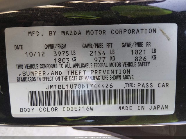 Aukcja sprzedaży 2013 Mazda Mazda3 I Sport, vin: JM1BL1U78D1744426, numer aukcji: 44910401