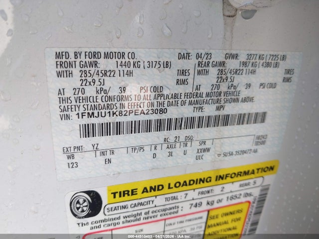 2023 Ford Expedition Limited მანქანა იყიდება აუქციონზე, vin: 1FMJU1K82PEA23080, აუქციონის ნომერი: 44910403