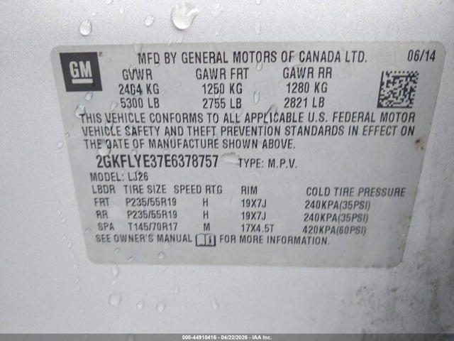 Aukcja sprzedaży 2014 Gmc Terrain Slt-2, vin: 2GKFLYE37E6378757, numer aukcji: 44910416