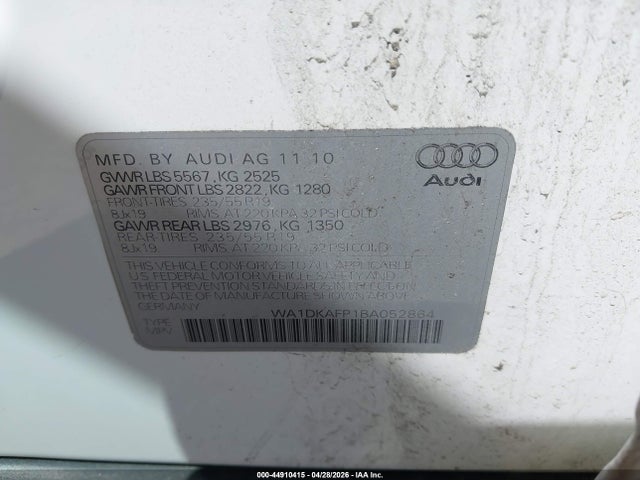44910415 :رقم المزاد ، WA1DKAFP1BA052864 vin ، 2011 Audi Q5 3.2 Premium Plus مزاد بيع