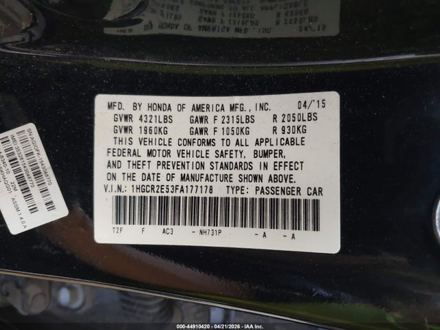44910420 :رقم المزاد ، 1HGCR2E53FA177178 vin ، 2015 Honda Accord Sport مزاد بيع