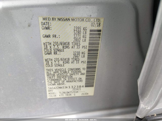 2018 Nissan Murano Sv მანქანა იყიდება აუქციონზე, vin: 5N1AZ2MH3JN132384, აუქციონის ნომერი: 44910429
