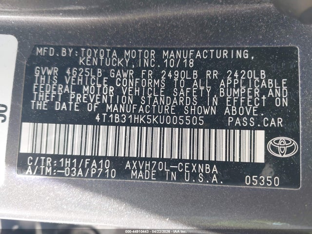 4T1B31HK5KU005505 Toyota Camry Hybrid Le