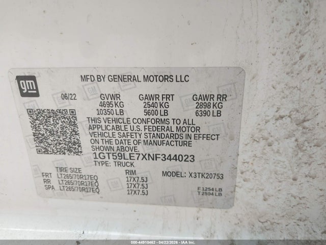 44910462 :رقم المزاد ، 1GT59LE7XNF344023 vin ، 2022 Gmc Sierra 2500hd 4wd  Standard Bed Pro مزاد بيع