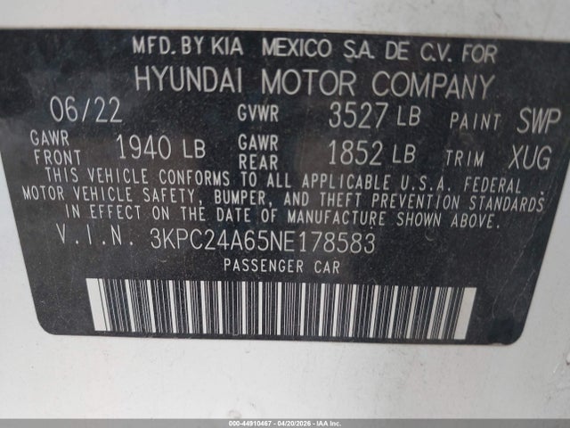2022 Hyundai Accent Se მანქანა იყიდება აუქციონზე, vin: 3KPC24A65NE178583, აუქციონის ნომერი: 44910467