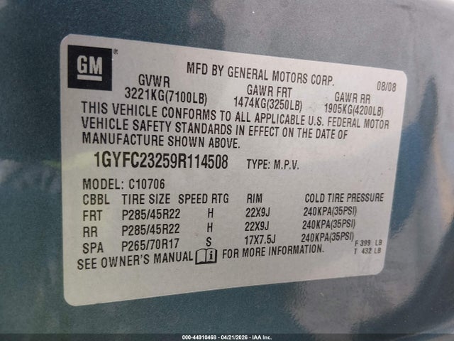 Продаж на аукціоні авто 2009 Cadillac Escalade Standard, vin: 1GYFC23259R114508, номер лоту: 44910468