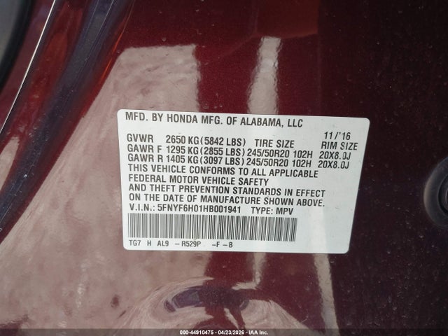 5FNYF6H01HB001941 Honda Pilot Elite