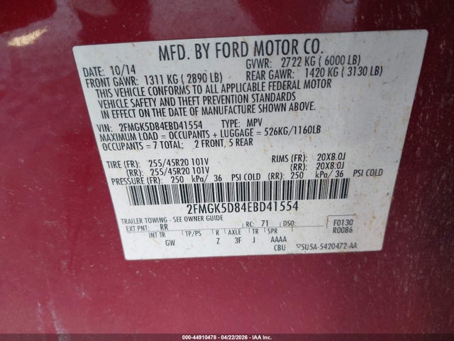 2FMGK5D84EBD41554 Ford Flex Limited