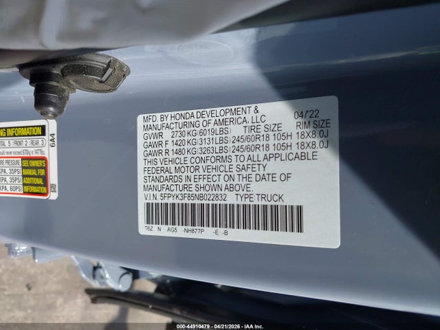 Продаж на аукціоні авто 2022 Honda Ridgeline Black Edition, vin: 5FPYK3F85NB022832, номер лоту: 44910479