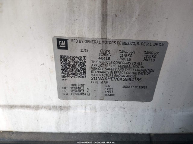 44910480 :رقم المزاد ، 3GNAXHEV0KS564155 vin ، 2019 Chevrolet Equinox Ls مزاد بيع