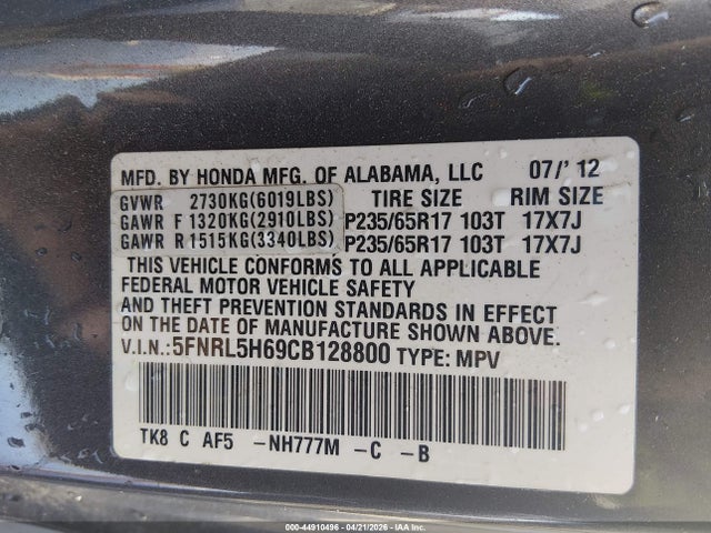 2012 Honda Odyssey Ex-l მანქანა იყიდება აუქციონზე, vin: 5FNRL5H69CB128800, აუქციონის ნომერი: 44910496