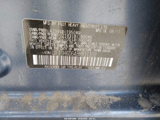 Продажа на аукционе авто 2011 Subaru Impreza Outback Sport, vin: JF1GH6D64BH831102, номер лота: 44910498
