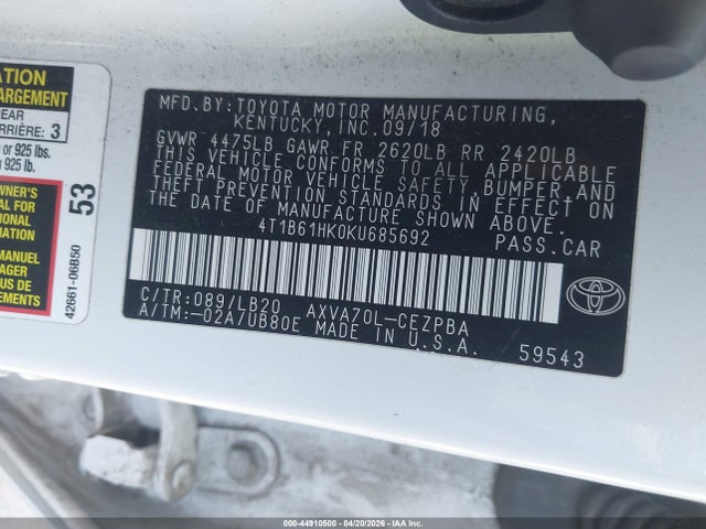 4T1B61HK0KU685692 Toyota CAMRY XSE