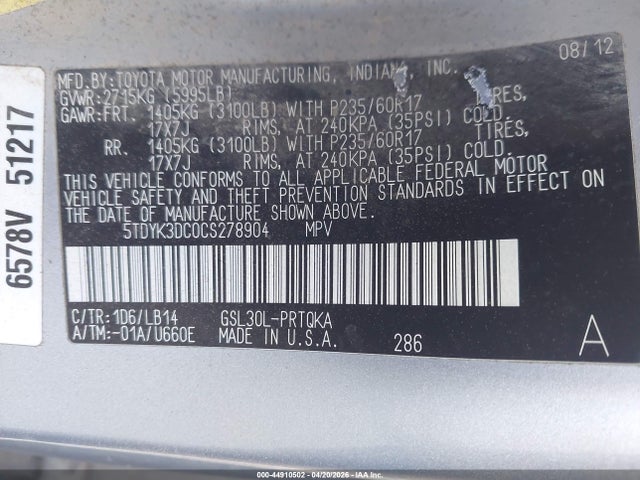 2012 Toyota Sienna Xle V6 8 Passenger მანქანა იყიდება აუქციონზე, vin: 5TDYK3DC0CS278904, აუქციონის ნომერი: 44910502
