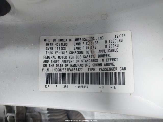 44910503 :رقم المزاد ، 1HGCR2F81FA087827 vin ، 2015 Honda Accord Ex-l مزاد بيع