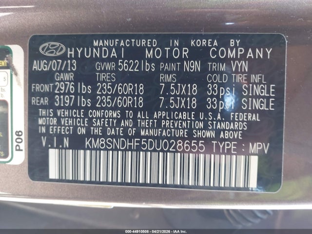 Aukcja sprzedaży 2013 Hyundai Santa Fe Gls, vin: KM8SNDHF5DU028655, numer aukcji: 44910508