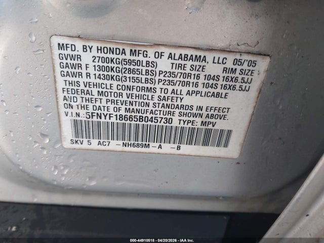 Aukcja sprzedaży 2005 Honda Pilot Ex-l, vin: 5FNYF18665B045730, numer aukcji: 44910518