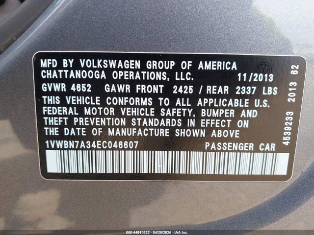 Aukcja sprzedaży 2014 Volkswagen Passat 2.0l Tdi Se, vin: 1VWBN7A34EC046607, numer aukcji: 44910522