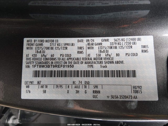 2024 Ford F-350 Lariat მანქანა იყიდება აუქციონზე, vin: 1FT8W3BT9REF01950, აუქციონის ნომერი: 44910526