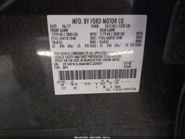 Aukcja sprzedaży 2017 Ford Edge Sel, vin: 2FMPK3J94HBC22697, numer aukcji: 44910537