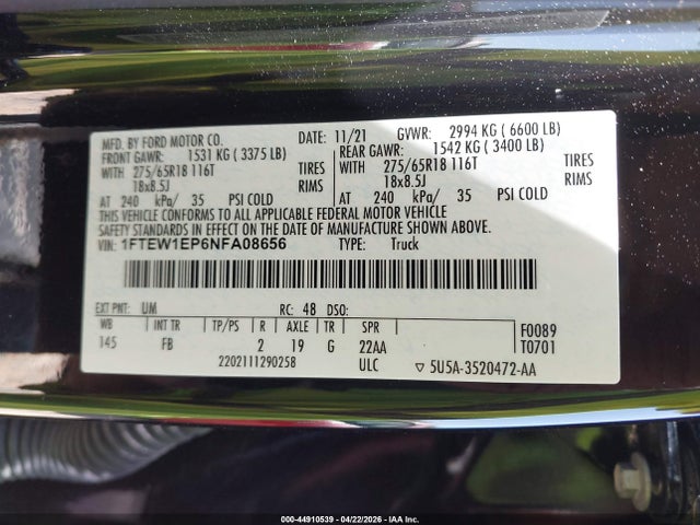 Продажа на аукционе авто 2022 Ford F-150 Xlt, vin: 1FTEW1EP6NFA08656, номер лота: 44910539