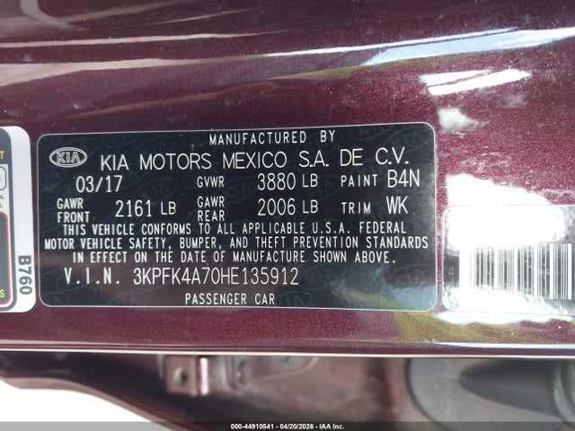 Aukcja sprzedaży 2017 Kia Forte Lx, vin: 3KPFK4A70HE135912, numer aukcji: 44910541
